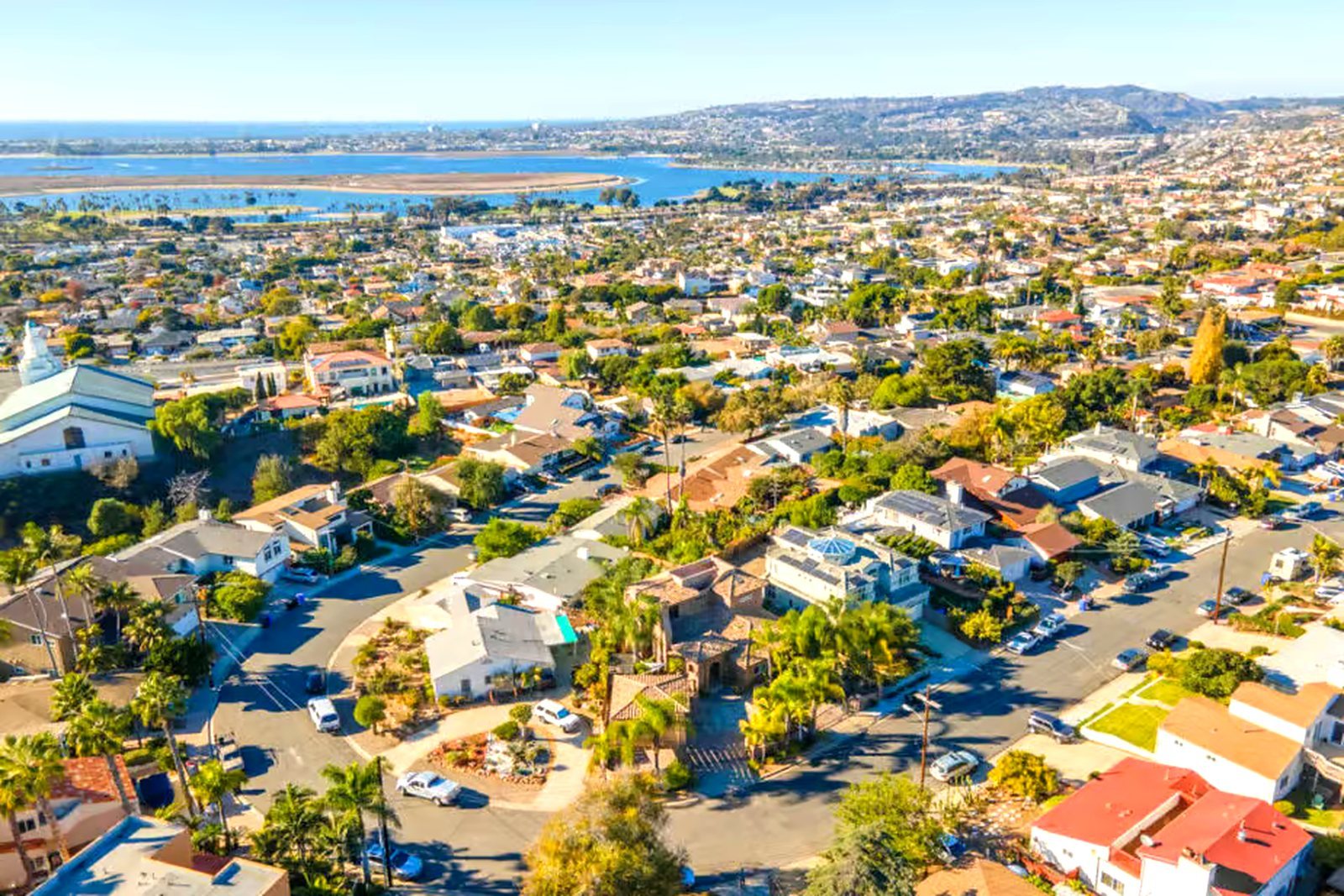 Aerial view of San Diego neighborhoods along the coast.
